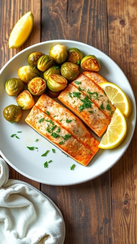 Air Fryer Salmon with Brussels Sprouts Recipe Air fryer salmon fillets with crispy Brussels sprouts and lemon wedges on a rustic table.